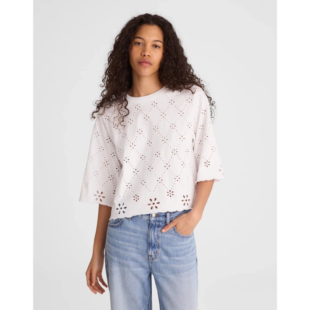 MADEWELL Embroidered Boxy Crop Tee in Allday Jersey XS White Eyelet NWT B4
